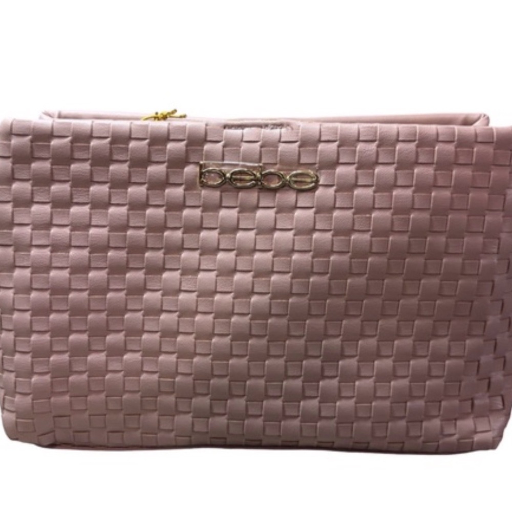 Bebe Blush Pink Woven Satchel Bag with Gold-Tone Logo